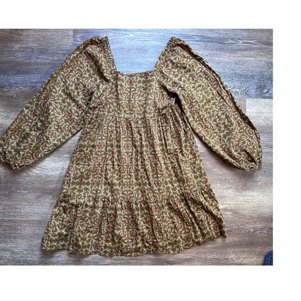 Olive Green Floral Square Neck Tiered Mini Dress Long Balloon Sleeve Smocked